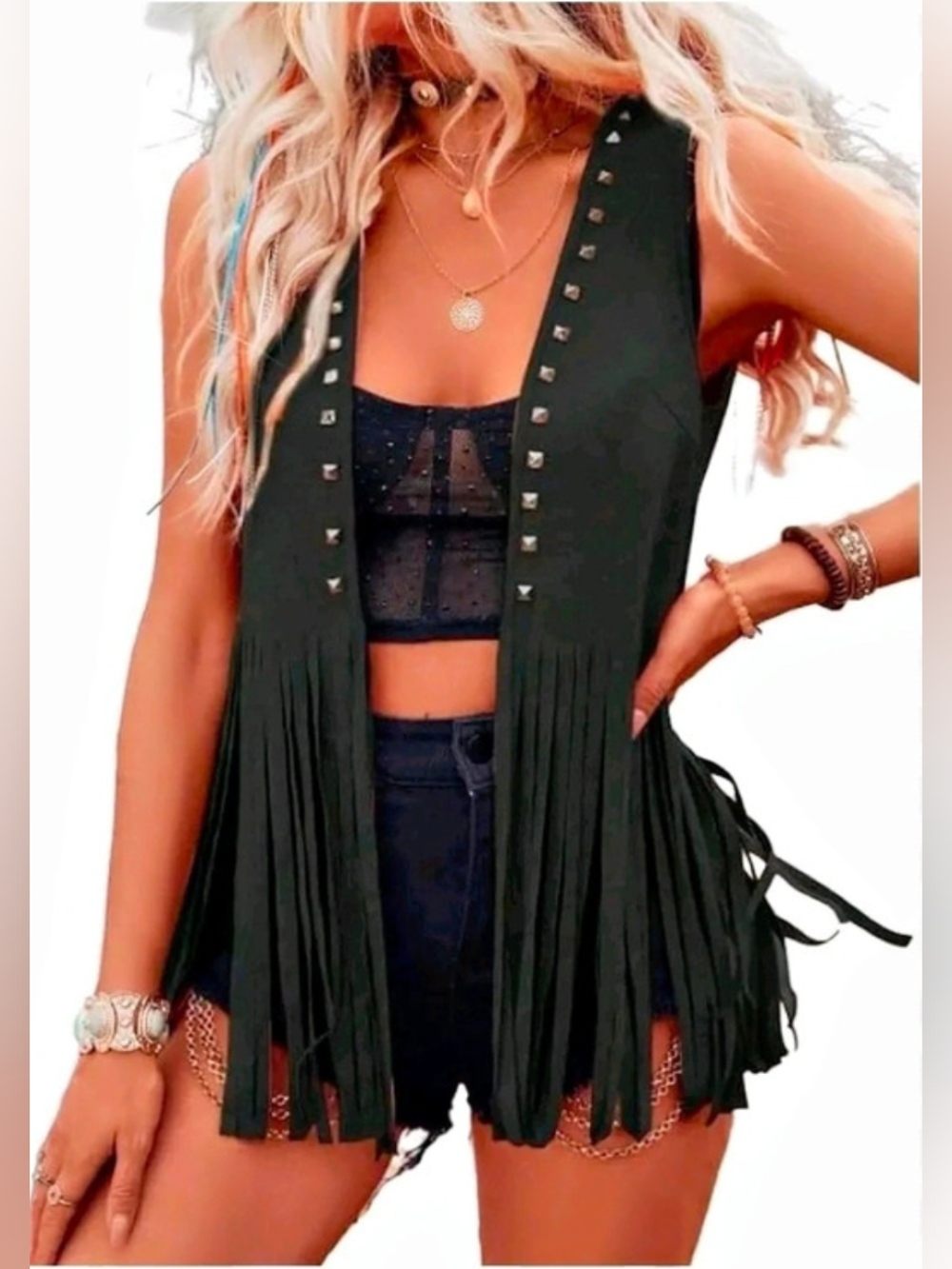 Denim Love Black Studded Fringe Vest NWT